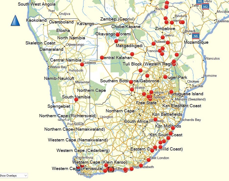 Map of southern Africa showing red dot markers for every village, orphanage and community where Project Flamelily has delivered soccer balls